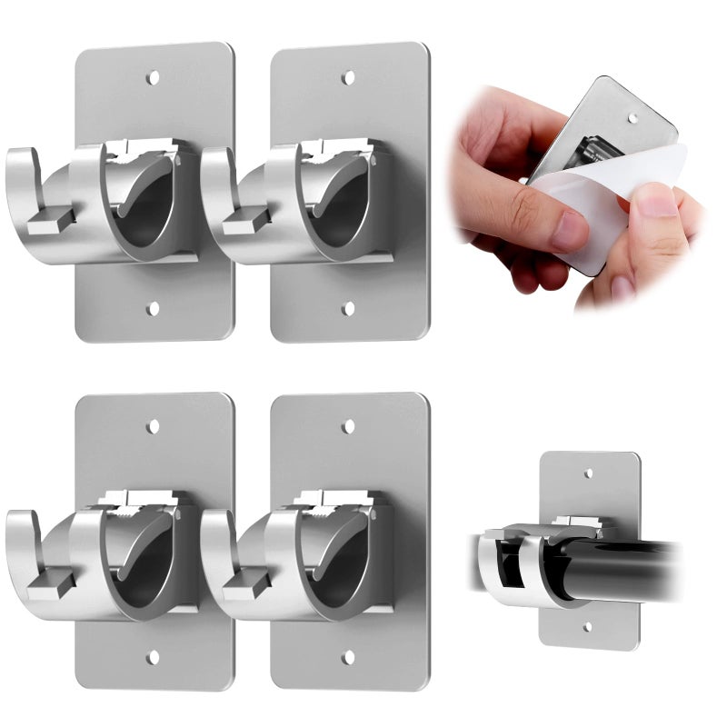 CIEMGNZOC 4PCS No Drill Curtain Rod Brackets  Self-Adhesive Curtain Rods No Drilling  Nail Free Adjustable Curtain Rod Holders  Curtain Hooks for Rod Less Than 1.57 Inch Diameter (Silver) - Image 1